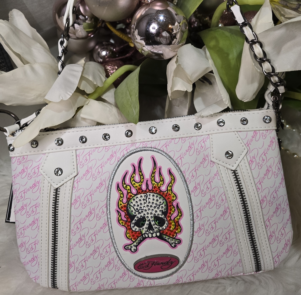 Ed Hardy Pink Skulls Shoulder Womens Bag Brand New